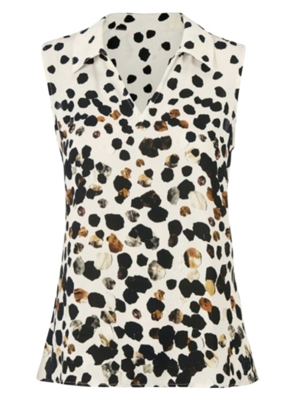 CAbi 3989 Seismic Sleeveless V-Neck Dot Print Shell Top - Ivory/Black/Brown‎ M